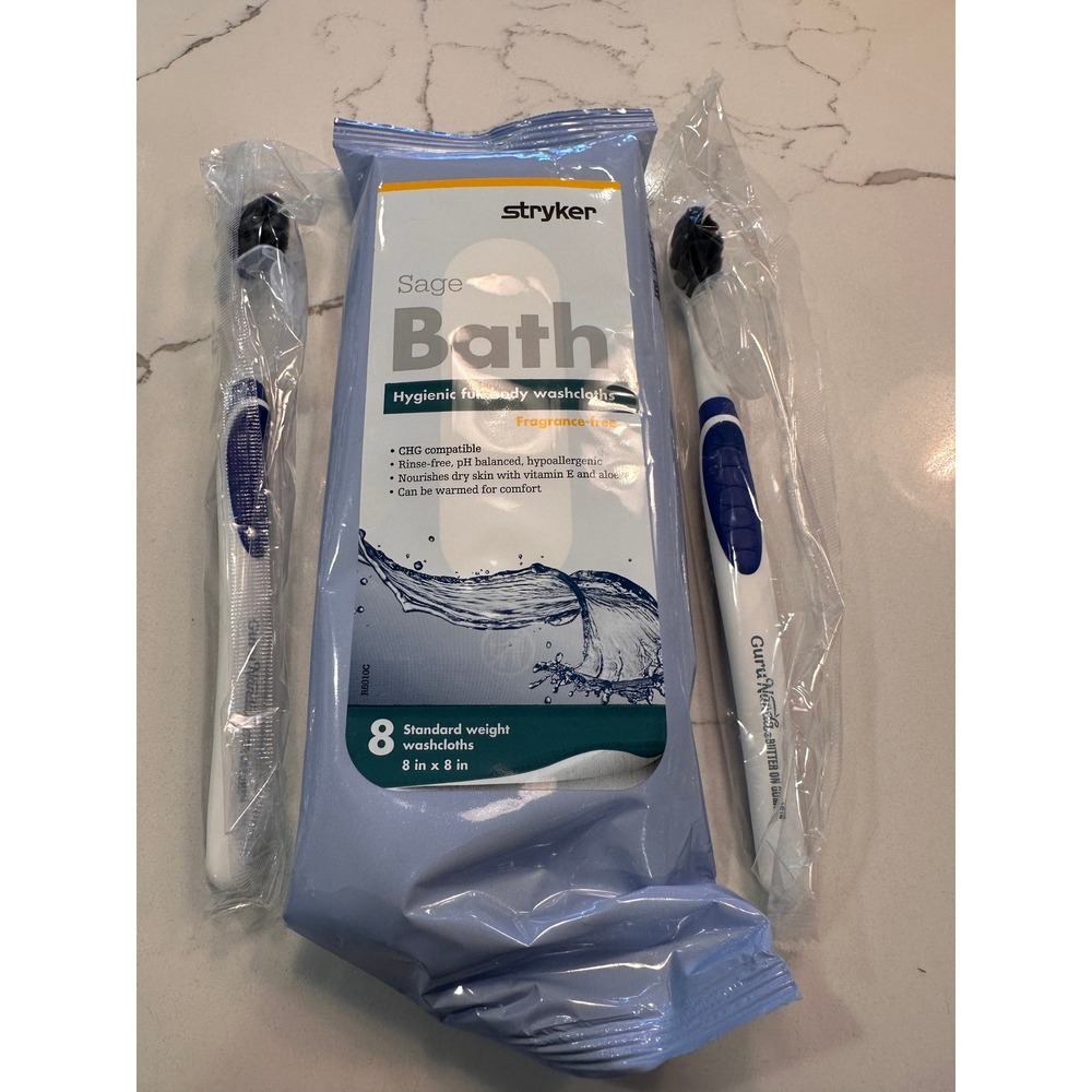 Stryker Sage‎ Bath 8ct Washcloths 7991 & 2 GuruNanda Butter on Gums Toothbrushes
